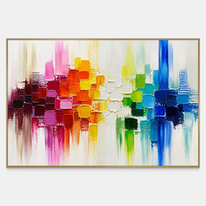 Horizontal abstract wall art with raised pink, orange, white, green, and cobalt blocks.