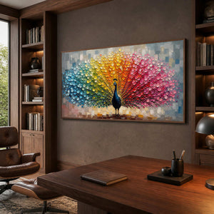 Textured peacock wall art displayed in a walnut collector study.