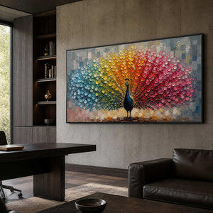 Colorful panoramic peacock wall art displayed in a creative director office.