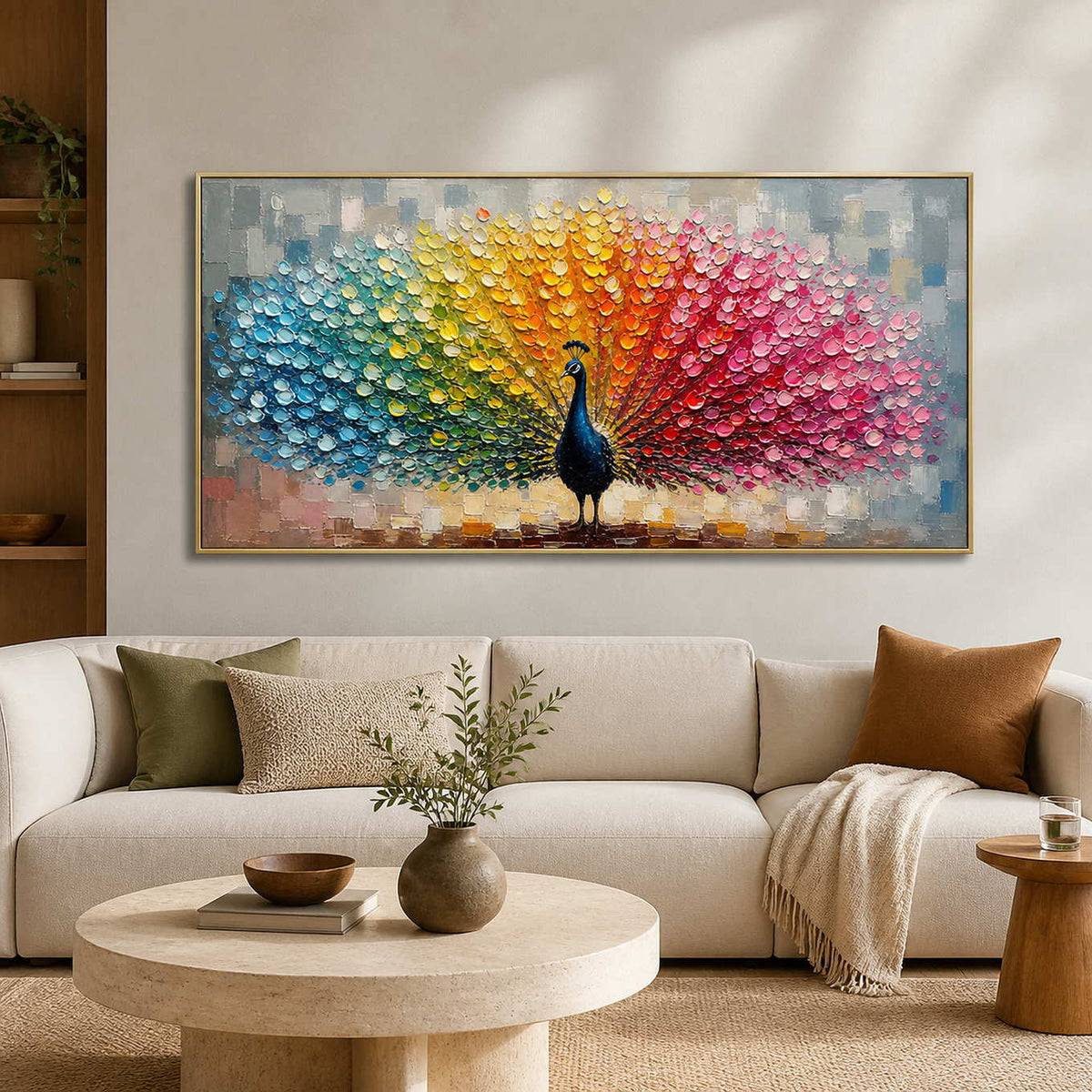 Colorful textured peacock wall art displayed in a modern living room.