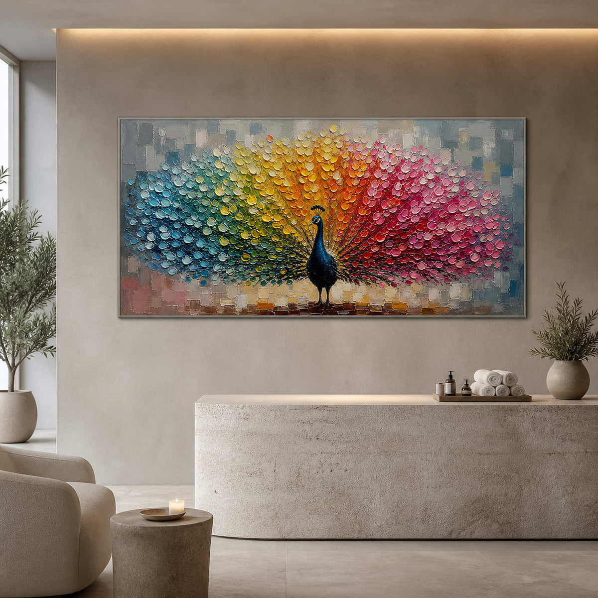 Colorful textured peacock wall art displayed in a refined spa reception.