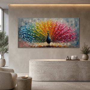 Colorful textured peacock wall art displayed in a refined spa reception.