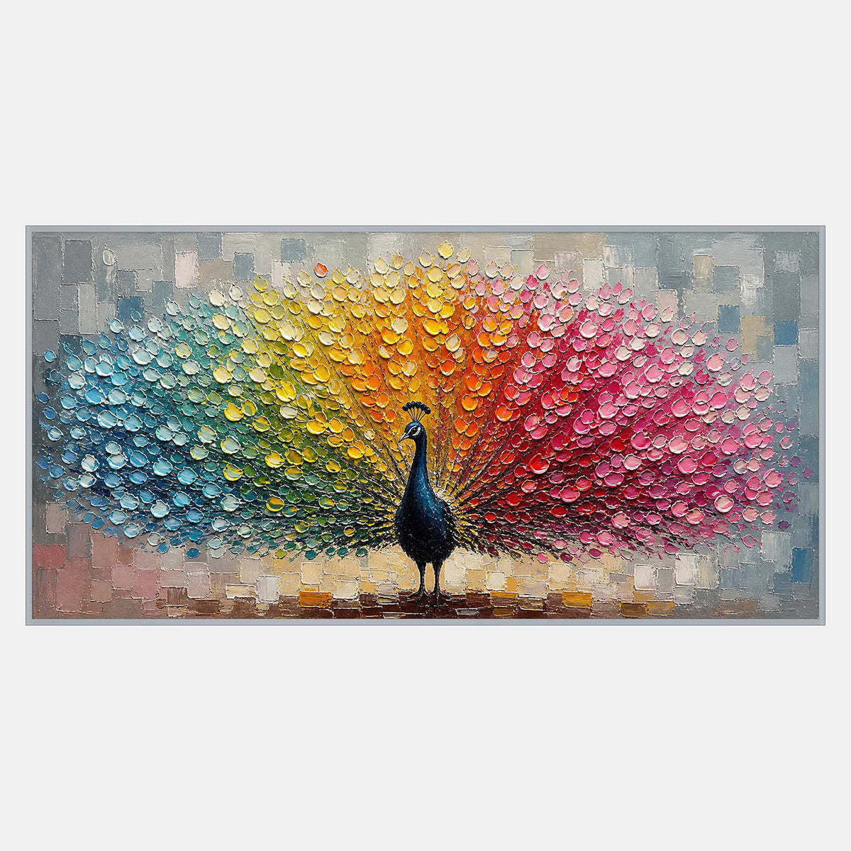 Hand-painted textured peacock with a radiant fan of blue, green, yellow, and pink plumage.