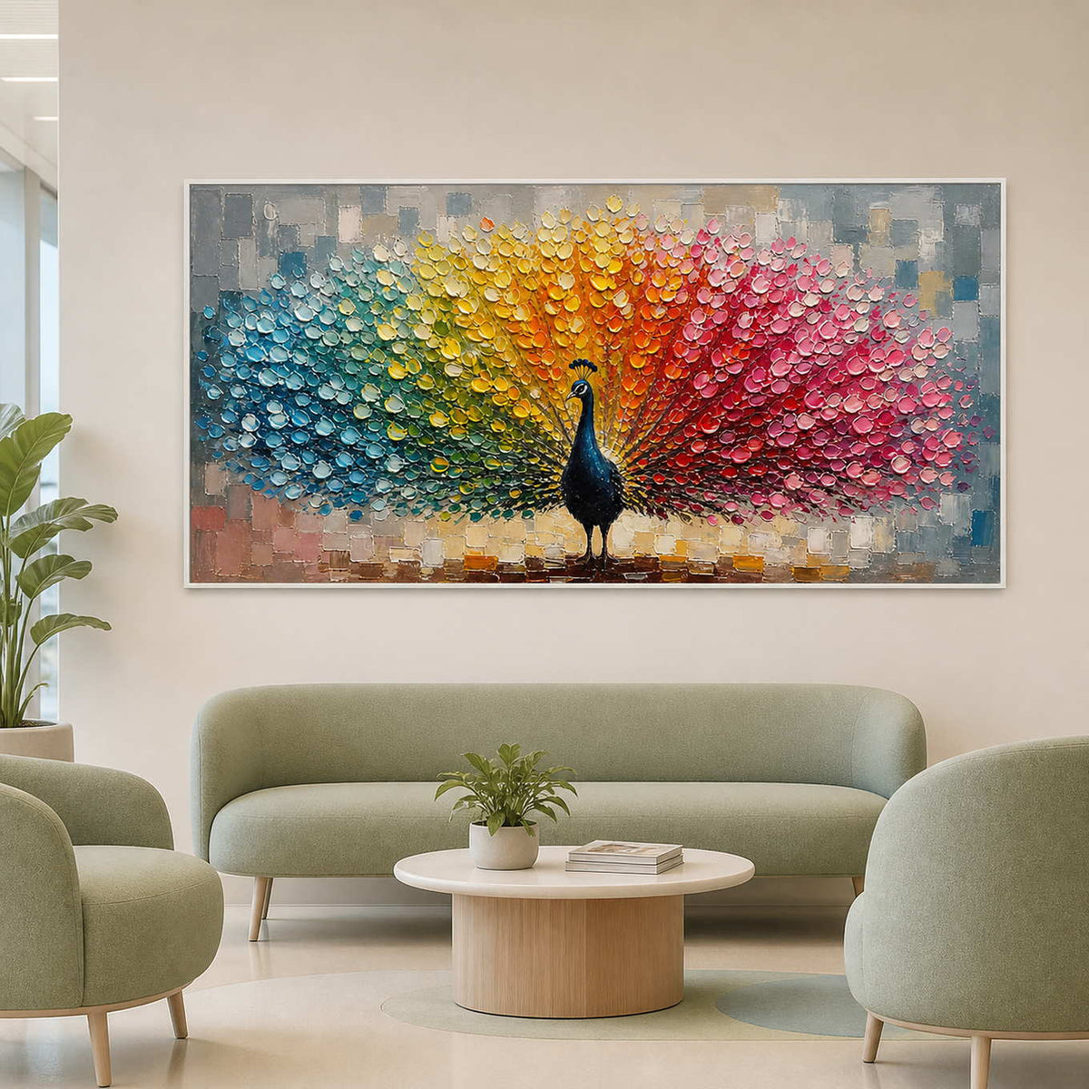 Panoramic peacock wall art displayed in a light wellness waiting area.