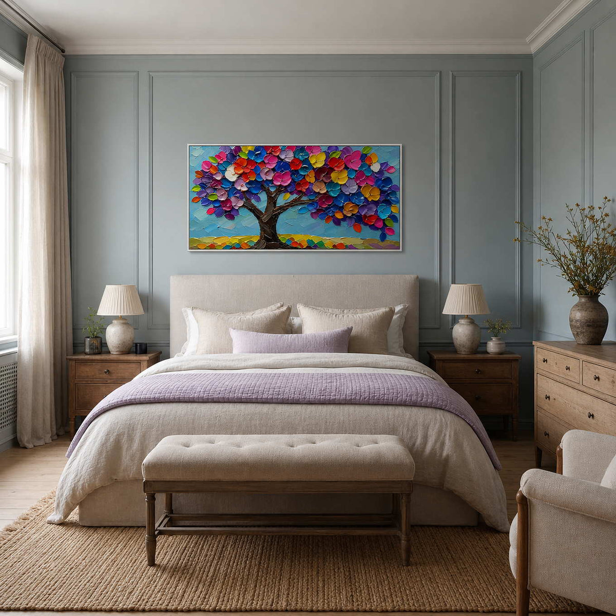 Textured tree wall art displayed above a serene modern bed.