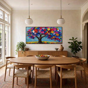 Colorful tree wall art displayed in a warm wood dining room.