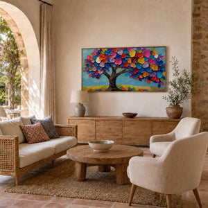 Colorful tree wall art displayed in a sunlit stone living room.