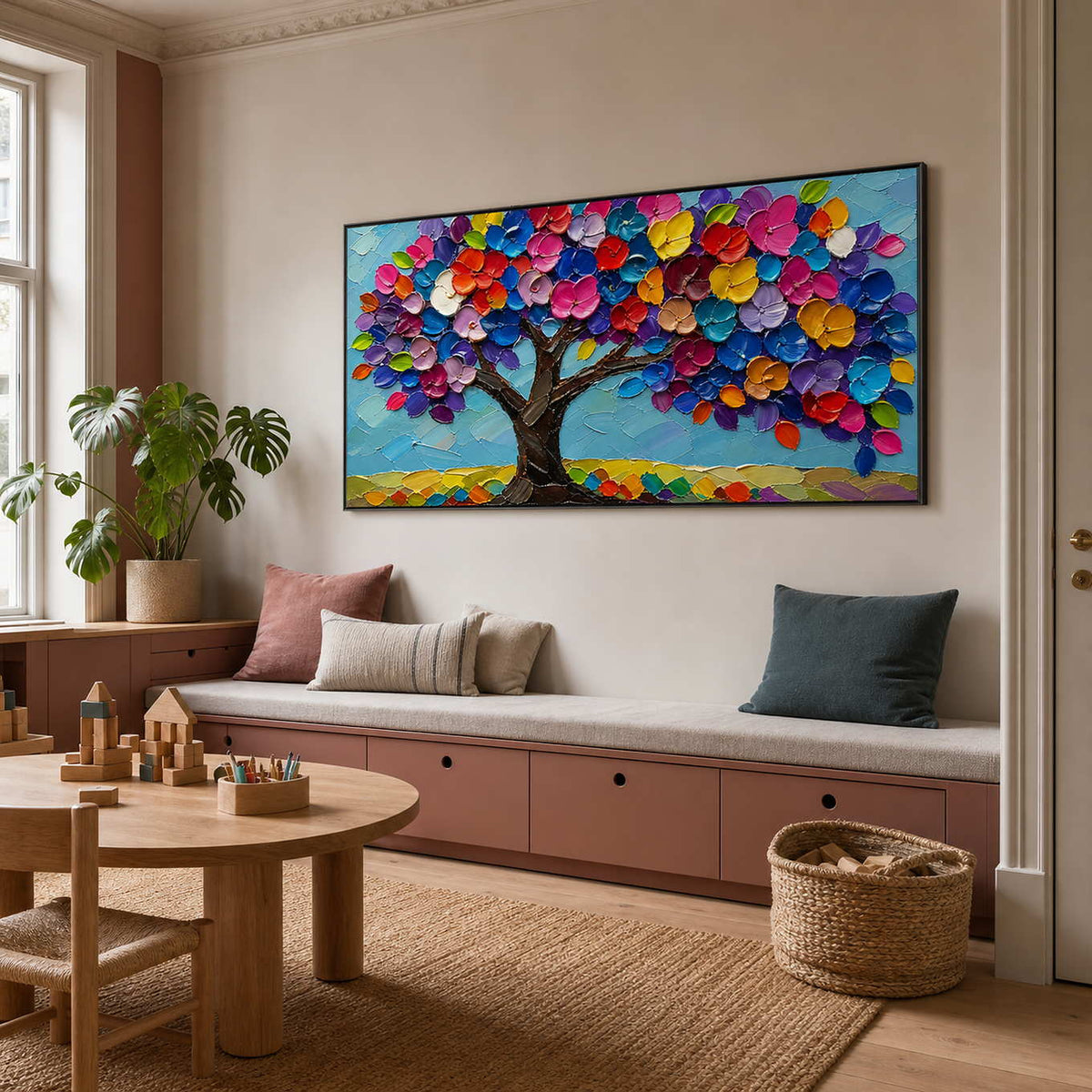 Textured tree wall art displayed in a bright family playroom.