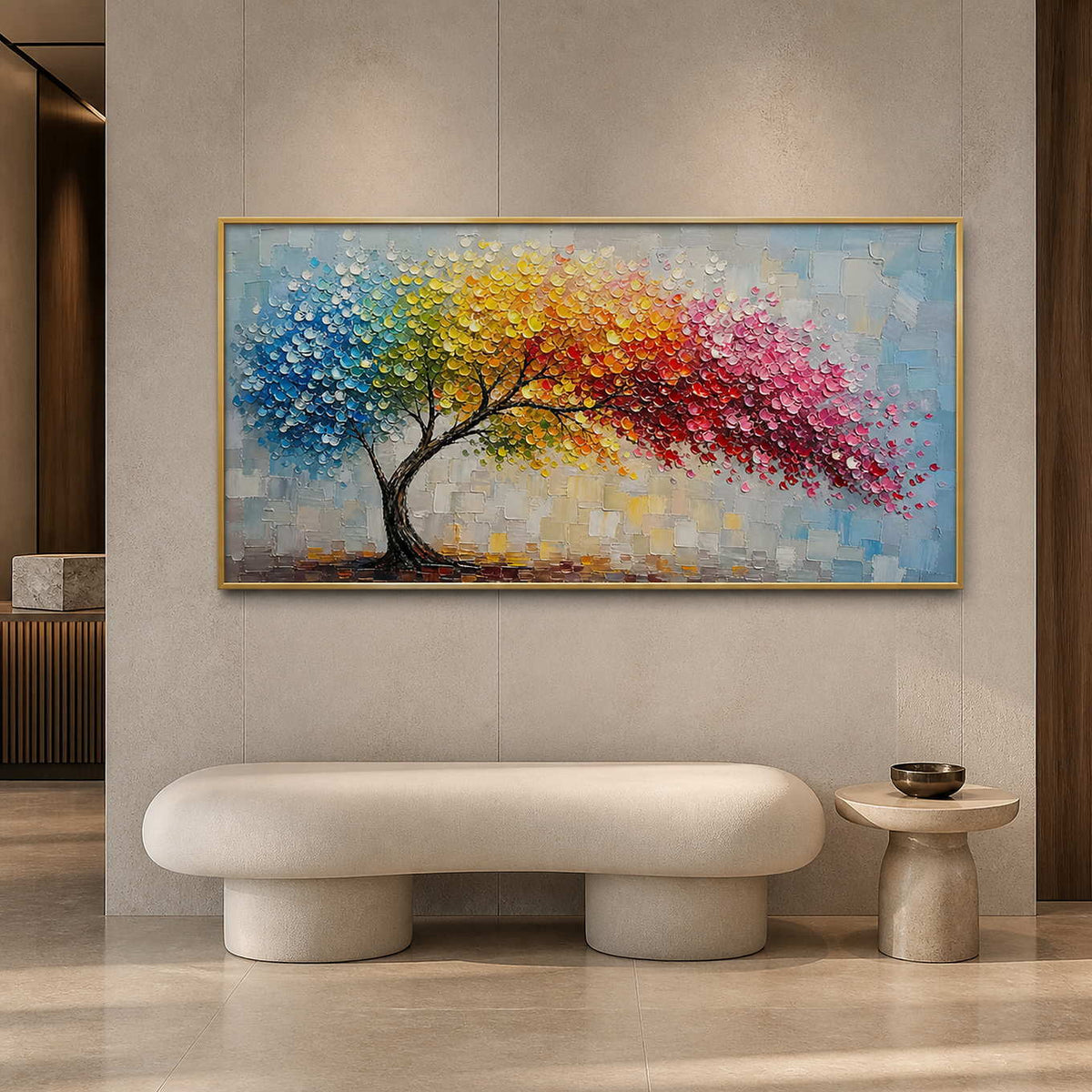 Textured rainbow tree wall art displayed in a boutique art gallery reception.