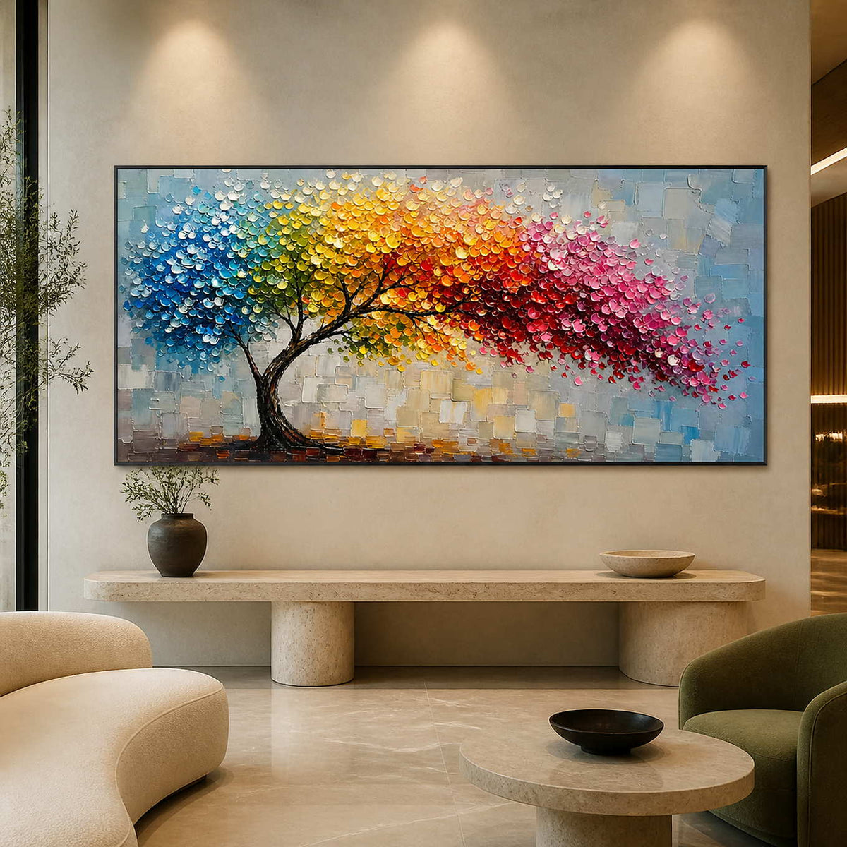 Colorful textured tree wall art displayed in a contemporary art hotel lobby.