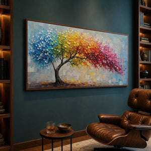 Textured botanical tree wall art displayed in a private collector study.