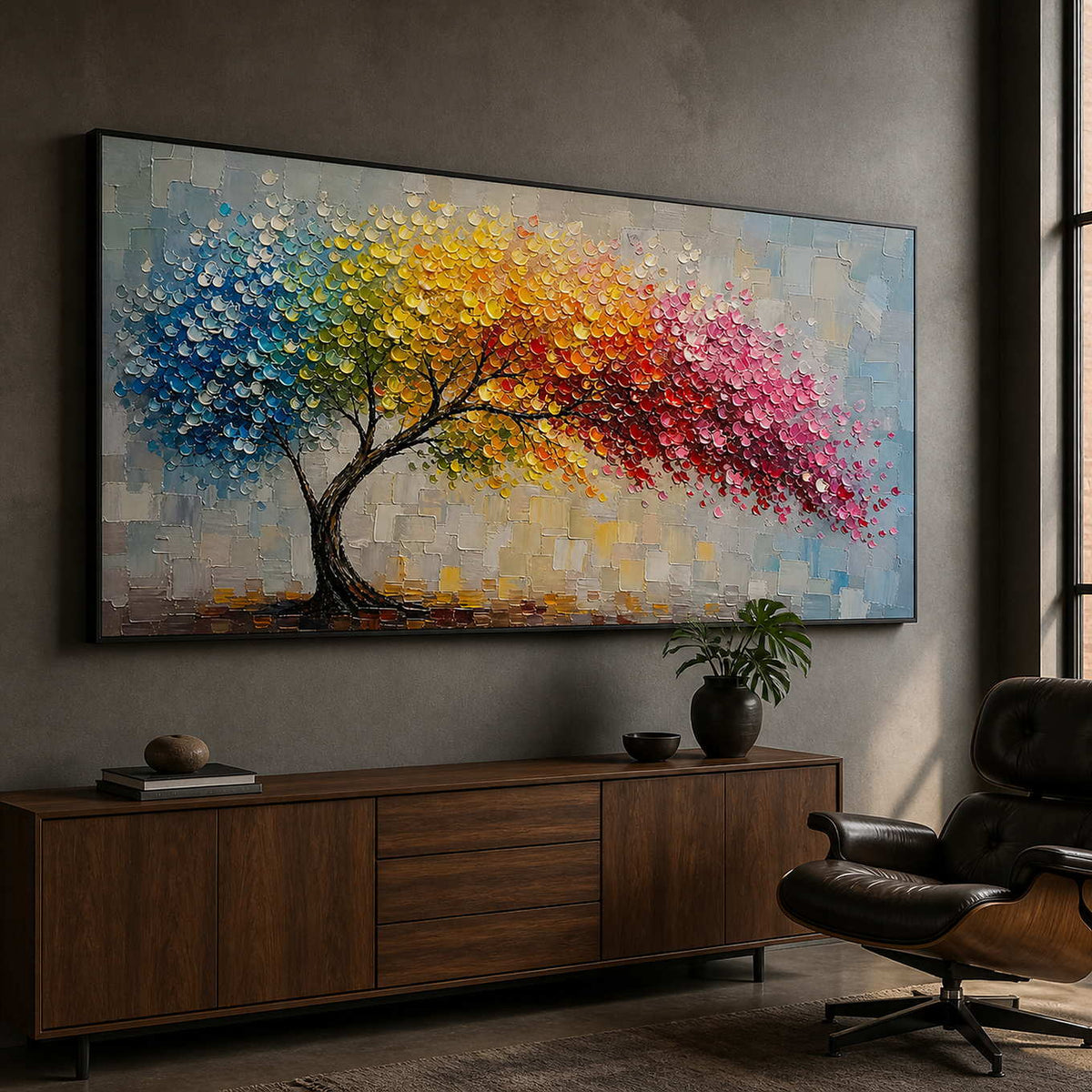 Colorful textured tree wall art displayed in a creative director office.