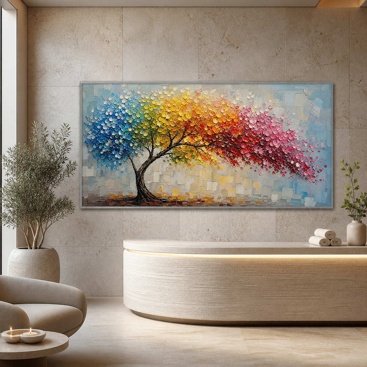 Textured rainbow tree wall art displayed in a refined wellness spa reception.
