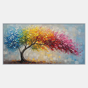 Hand-painted textured tree wall art with blue, green, gold, orange, and pink leaves.