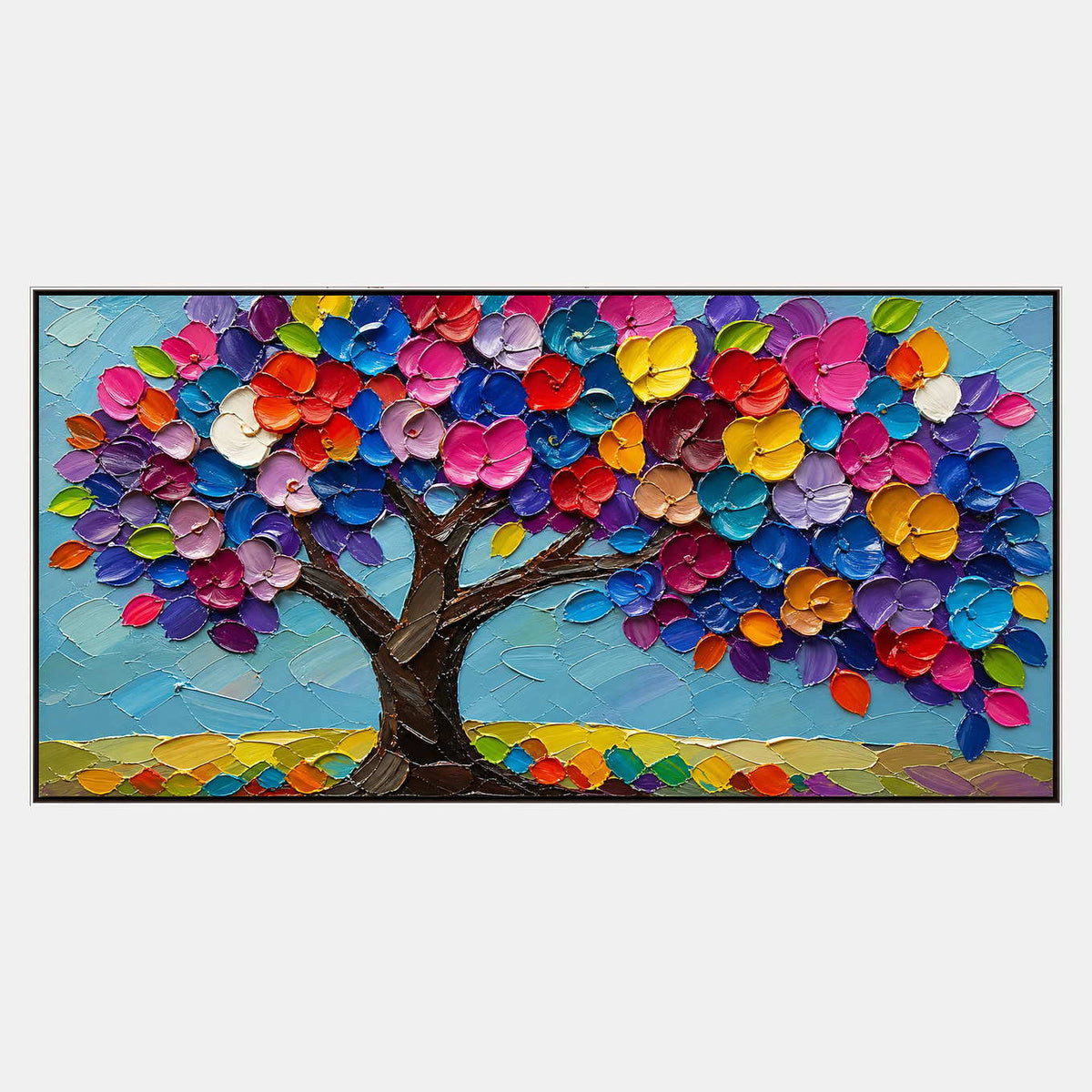 Colorful textured tree wall art with layered blossoms and blue sky.