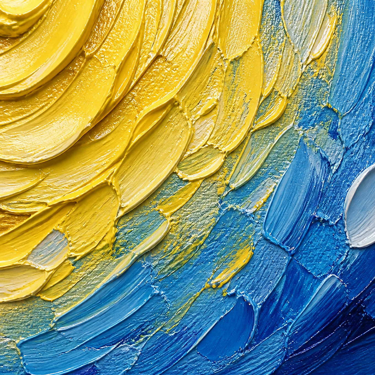 Close-up of layered yellow, blue, and white palette-knife texture.