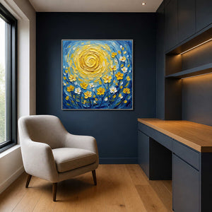Square textured painting displayed against a deep blue home office wall.
