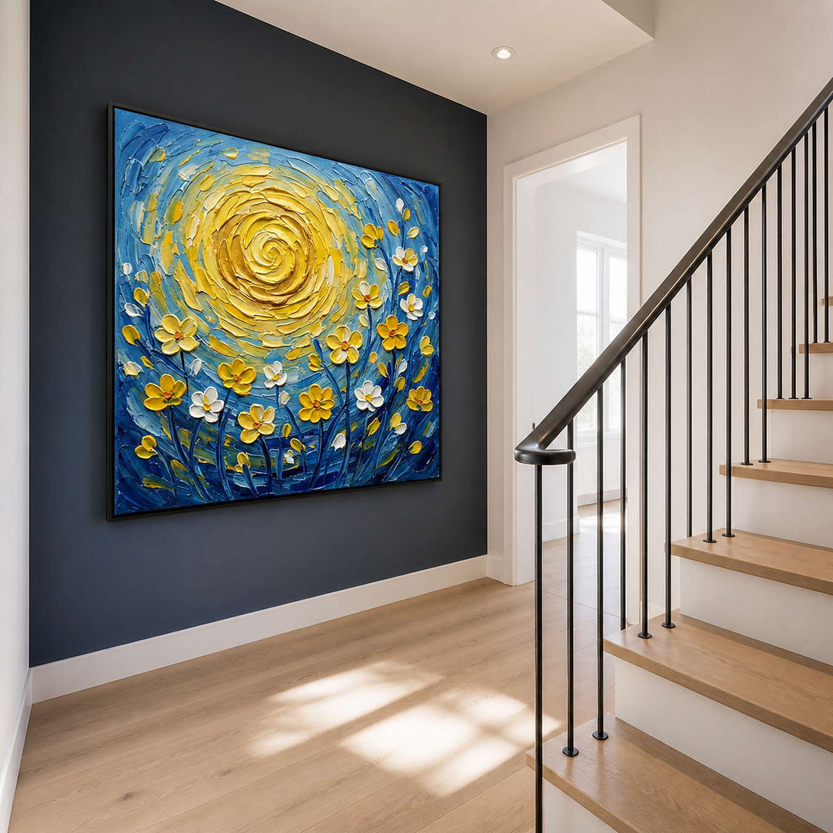 Bold blue and gold artwork viewed beside a residential staircase.