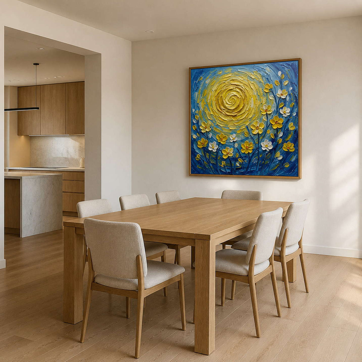 Blue and yellow floral artwork displayed above a light wood dining room.