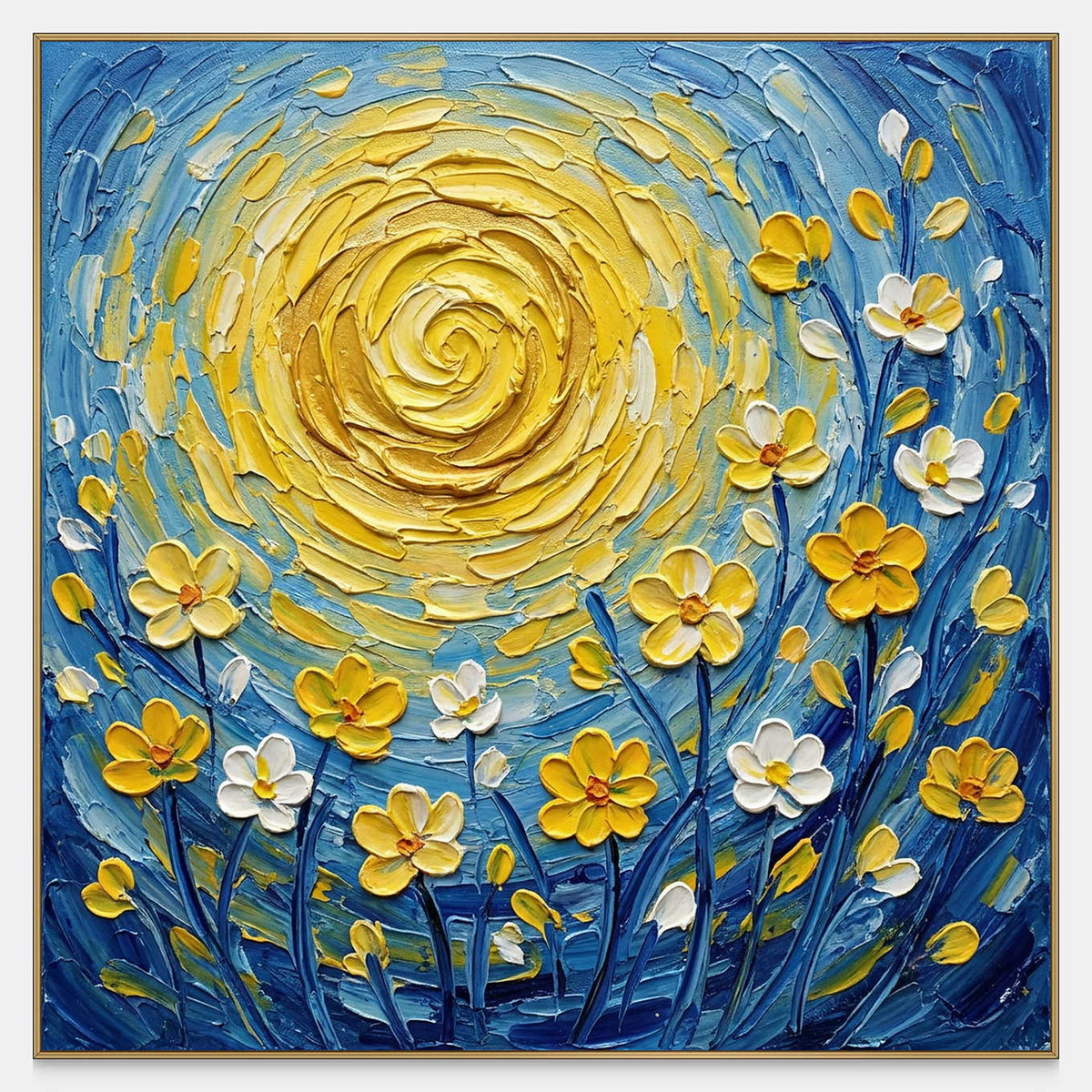 Hand-painted blue and gold floral canvas with a radiant spiral sun.