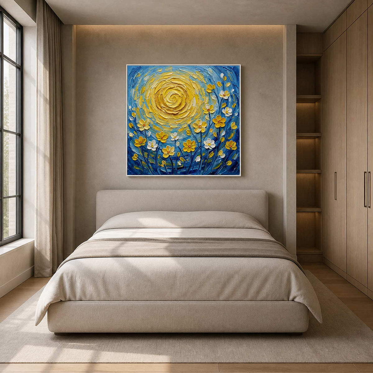 Radiant floral canvas styled above a calm warm gray bedroom.