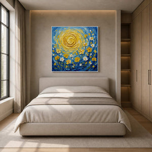 Radiant floral canvas styled above a calm warm gray bedroom.