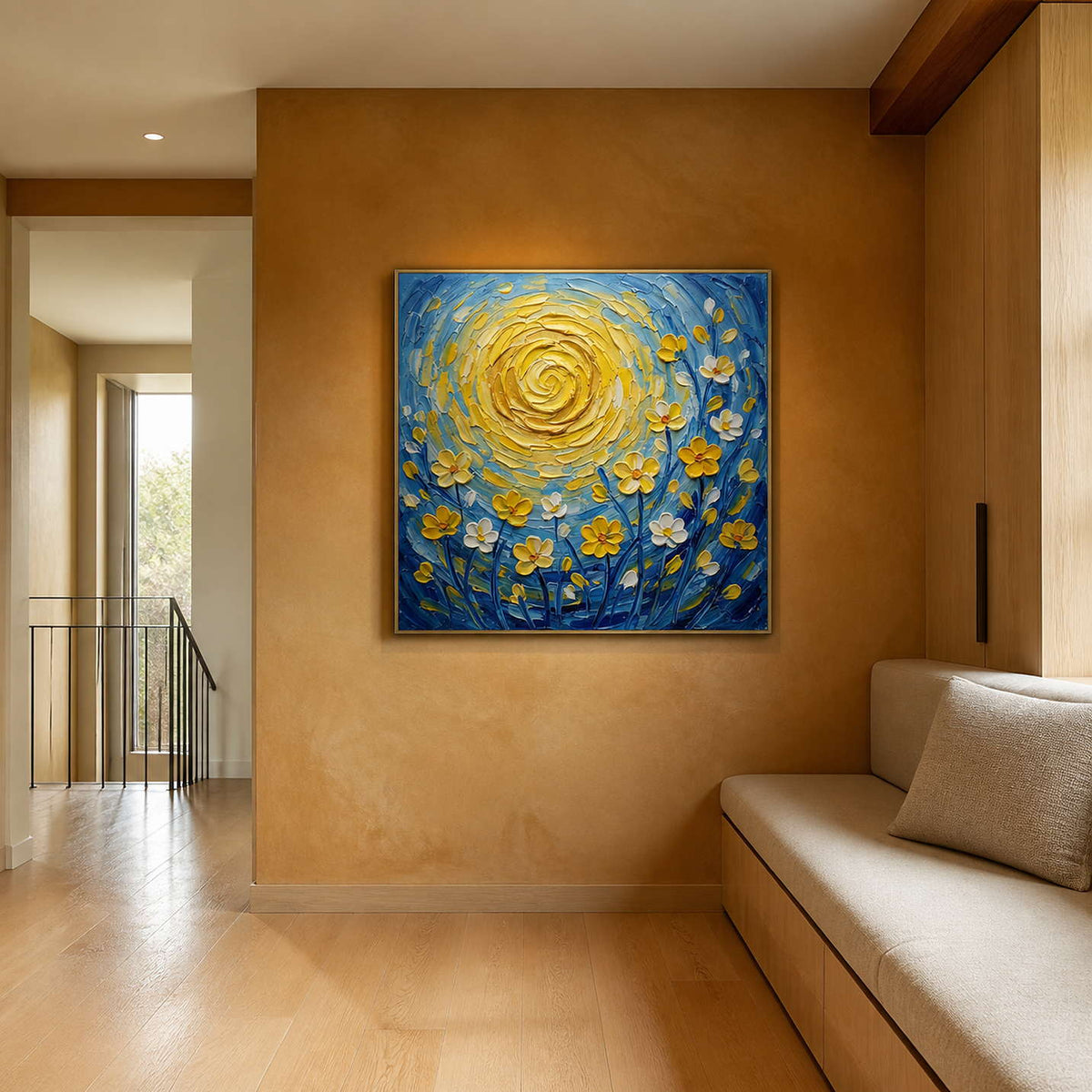 Gold and blue flower painting displayed in a warm ochre family lounge.