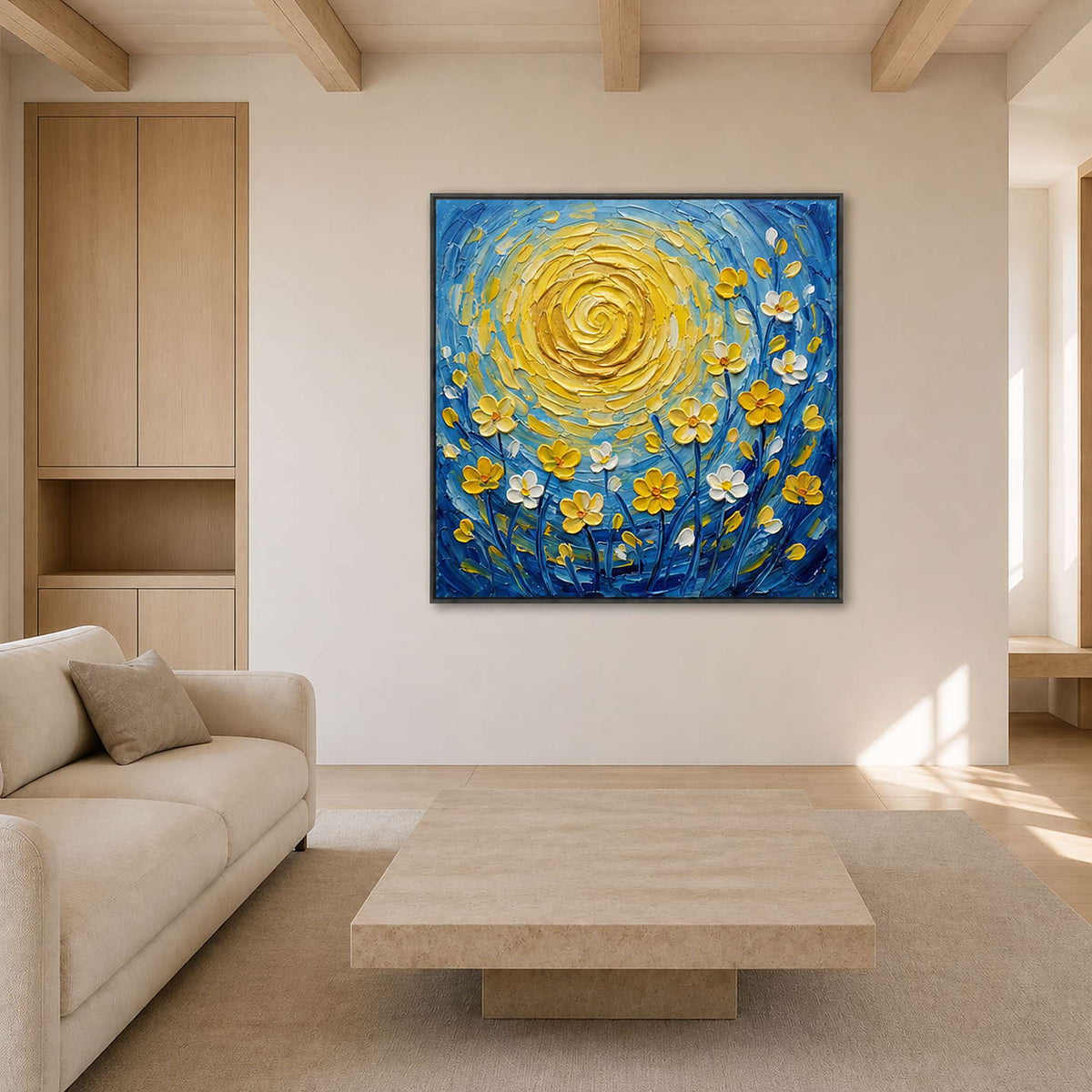 Bright textured floral wall art displayed in a warm white living room.