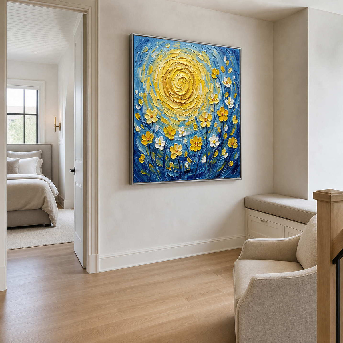 Textured floral wall art viewed from a soft white passage sitting area.