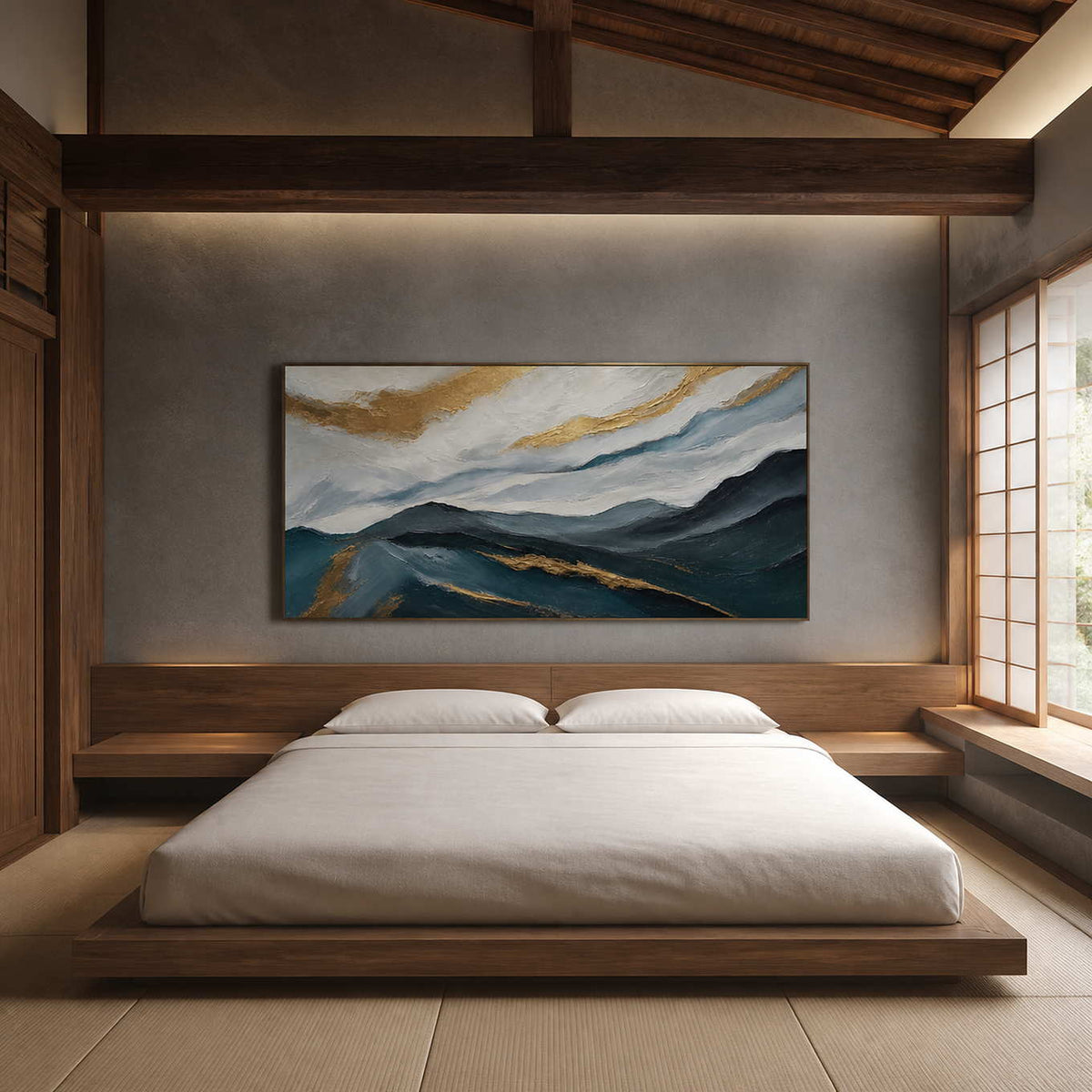 Textured mountain painting displayed above a bed in a warm wood bedroom.