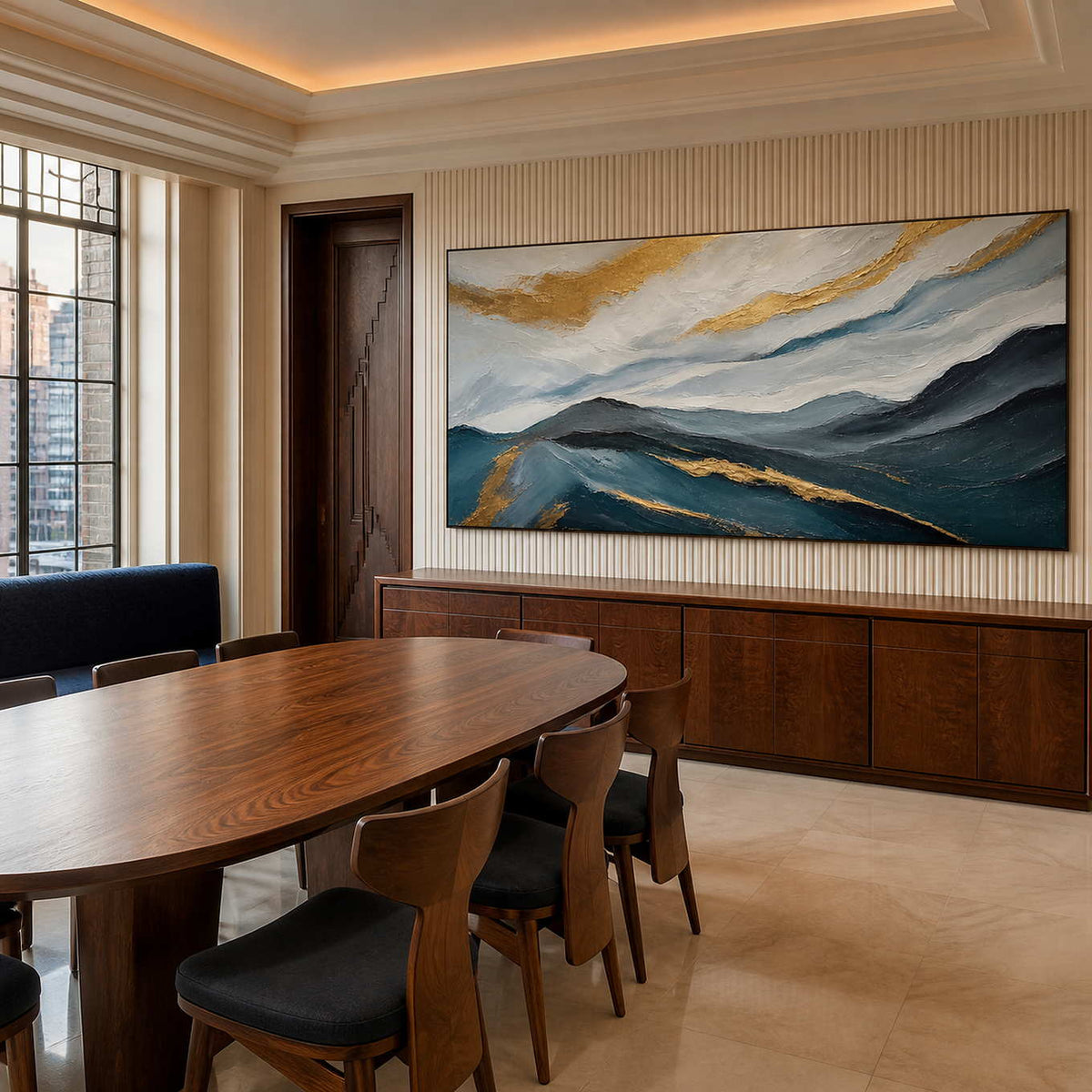 Panoramic mountain wall art displayed in an elegant Art Deco dining room.