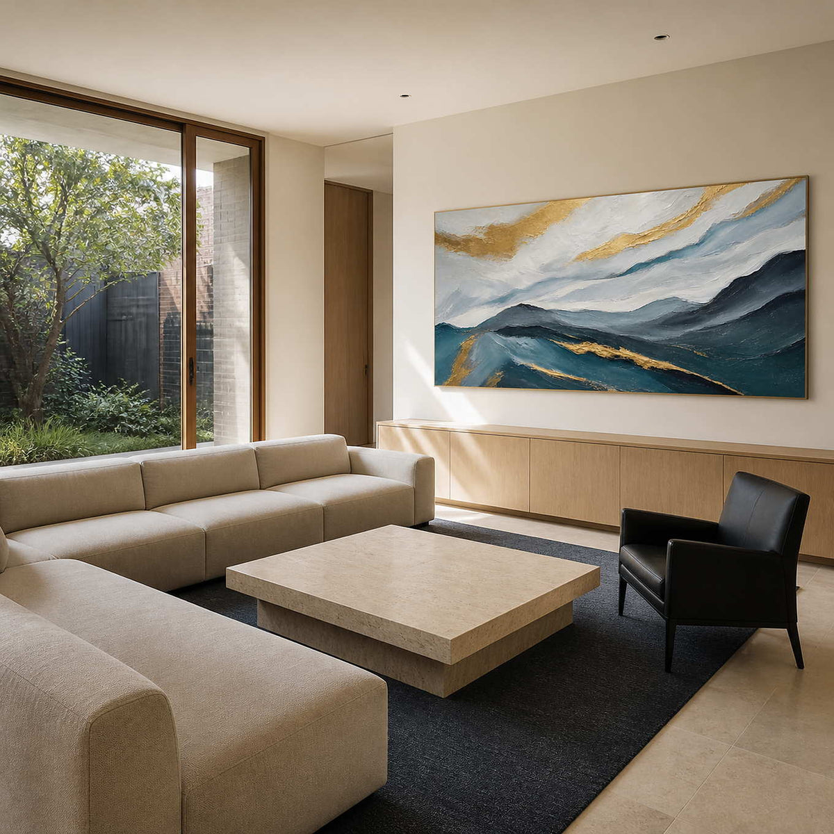 Layered mountain wall art displayed in a serene modern family room.