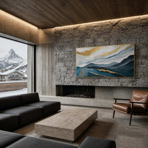 Textured mountain wall art displayed in an Alpine-inspired modern living room.