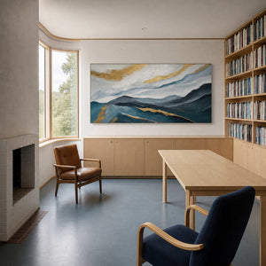 Teal mountain wall art displayed in a refined minimalist home office.