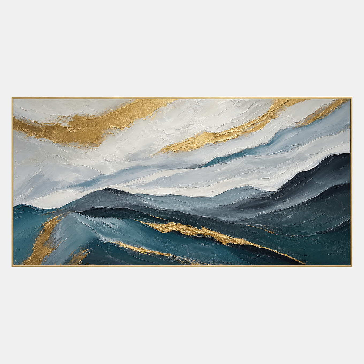 Hand-painted panoramic mountain wall art with teal ridges and gold veins.