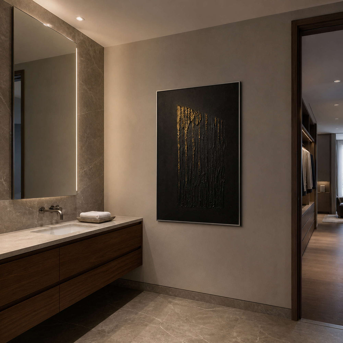 Textured vertical artwork viewed in a refined gray-brown bathroom area.