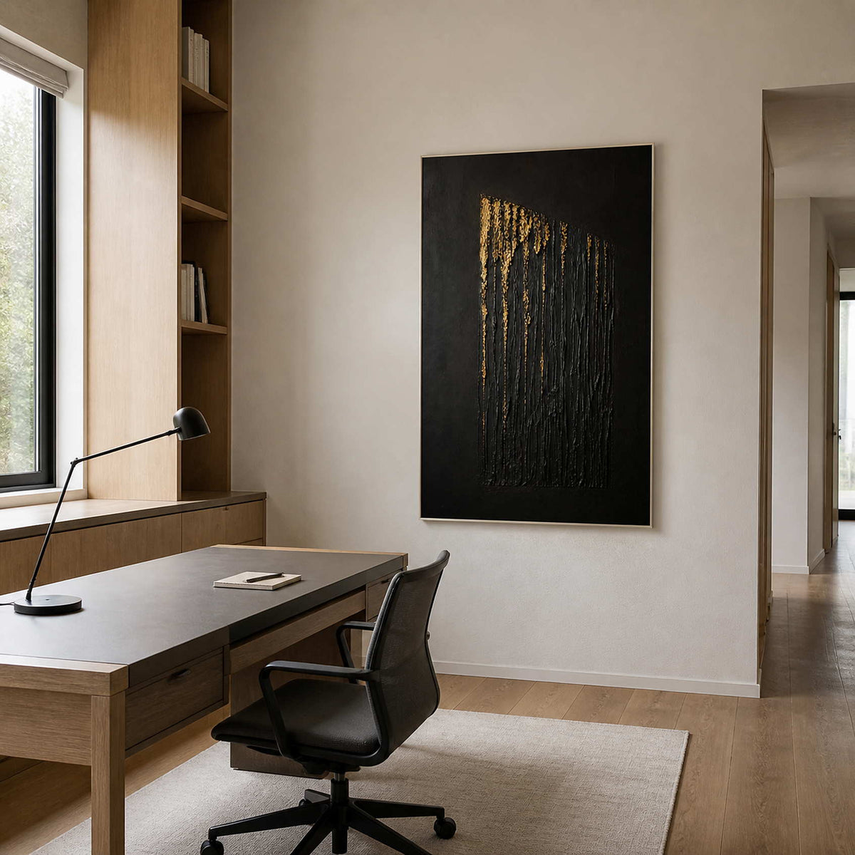 Vertical textured canvas displayed in a light oak home office.