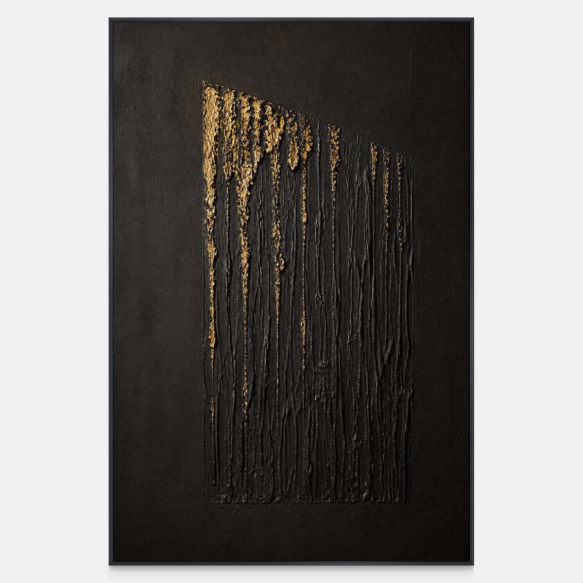 Hand-painted vertical abstract canvas with carved black ridges and gold relief.