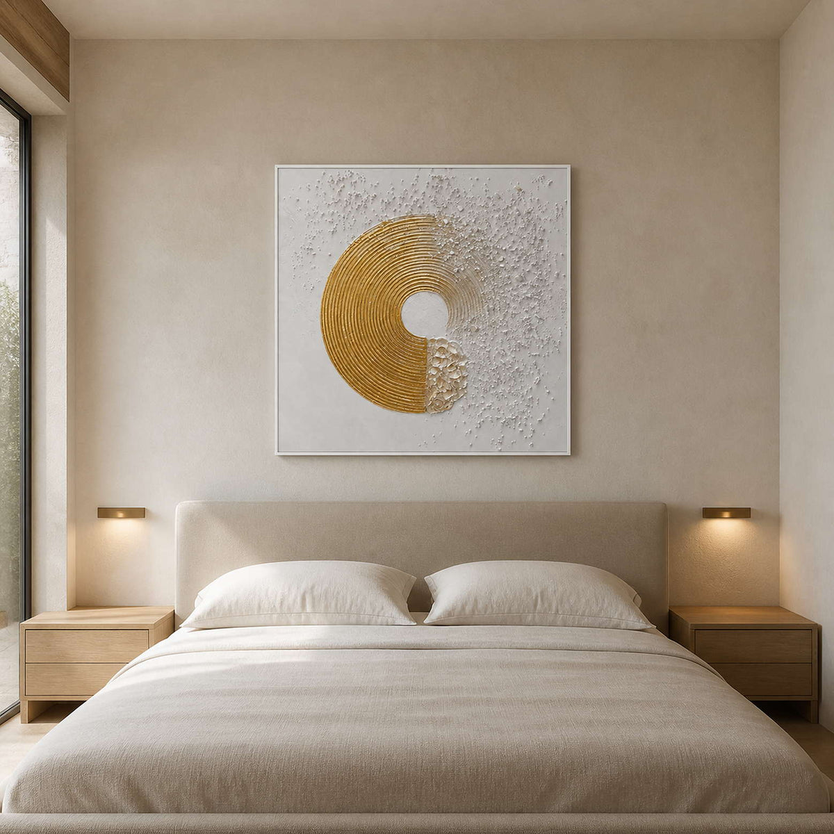 White and gold square wall art above a serene cream bedroom