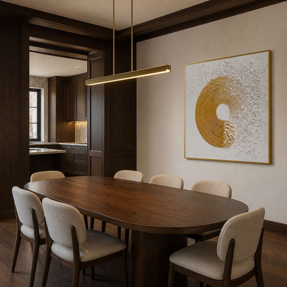 Gold textured abstract wall art displayed in an elegant modern dining room