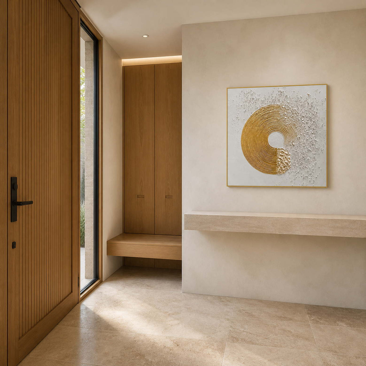 Square textured abstract painting in a bright modern entryway