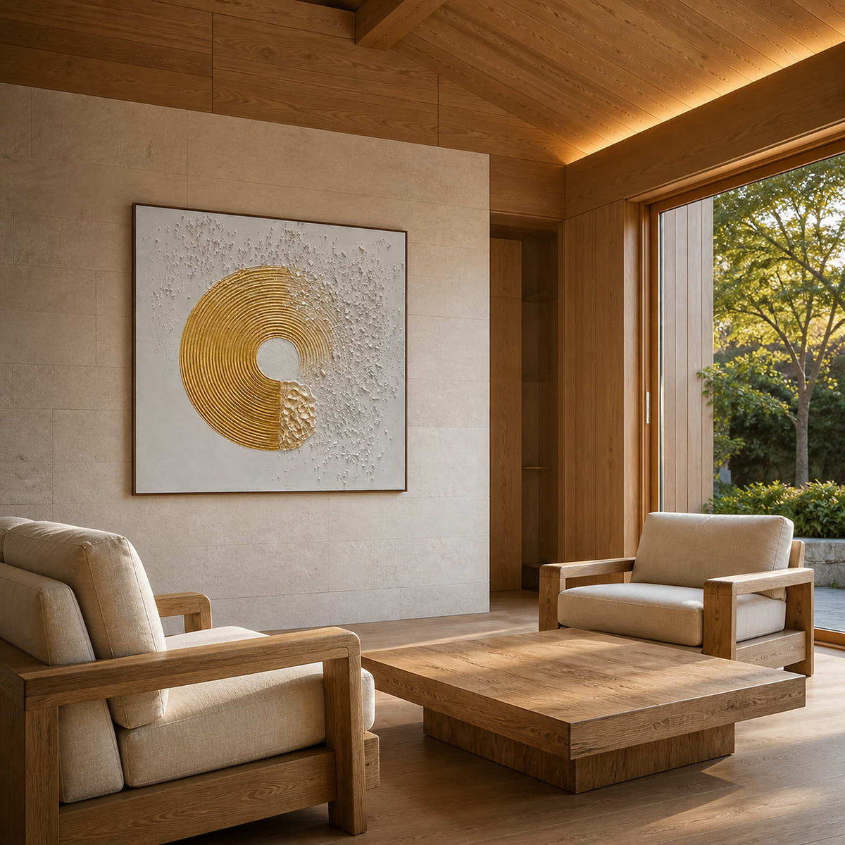 White and gold abstract artwork styled in a warm family lounge