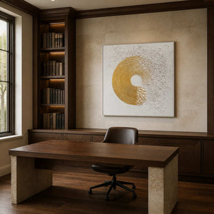 Textured gold circle wall art in a refined walnut home office