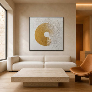 Square textured abstract wall art in a warm minimalist living room
