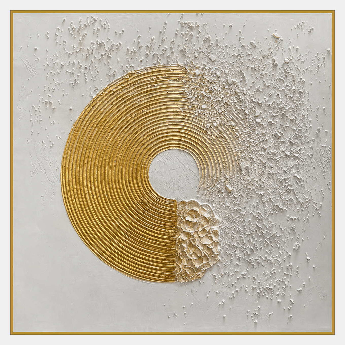 White and gold textured abstract wall art with sculpted concentric circles