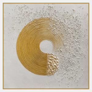 White and gold textured abstract wall art with sculpted concentric circles