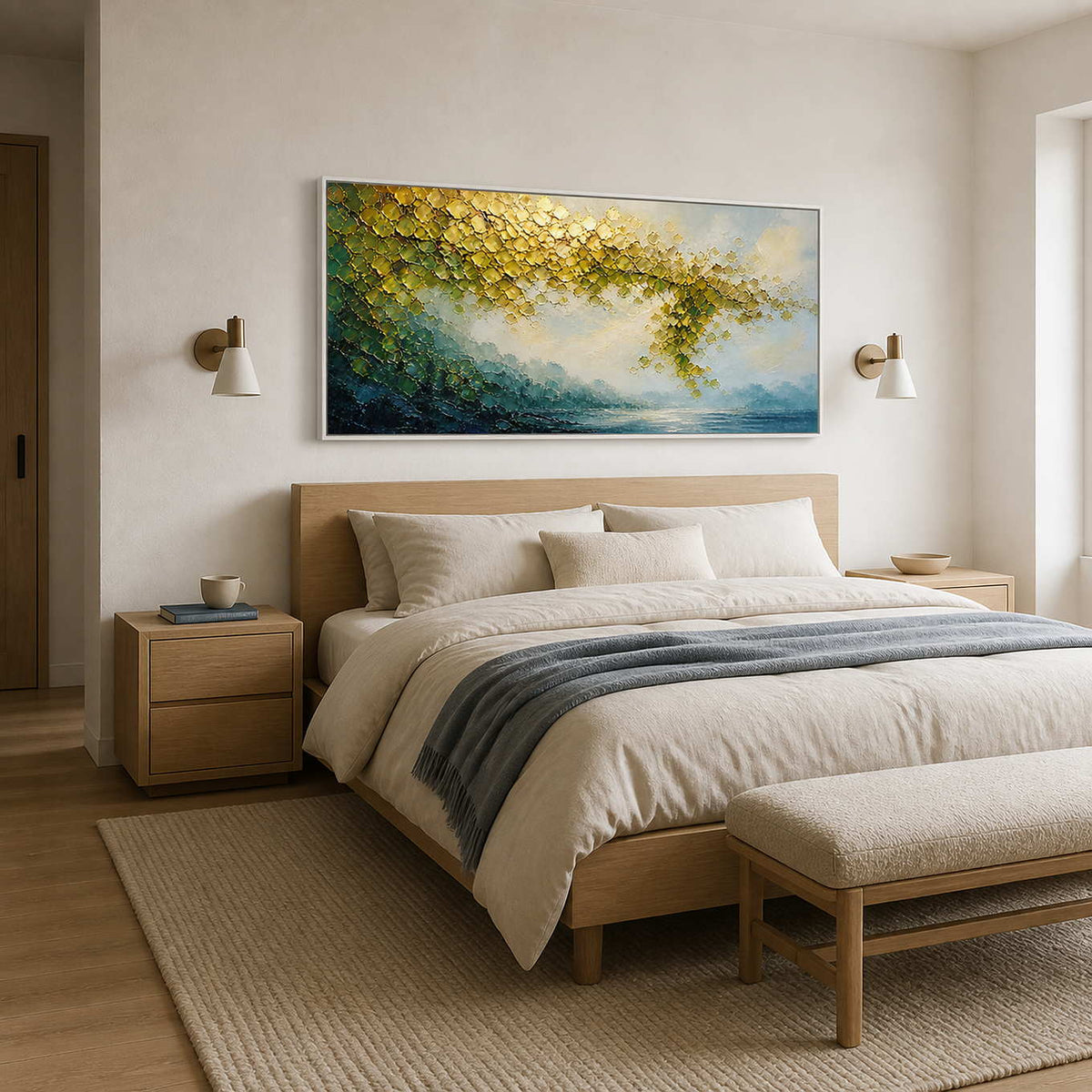 Textured blue and gold landscape wall art in a calm linen bedroom.