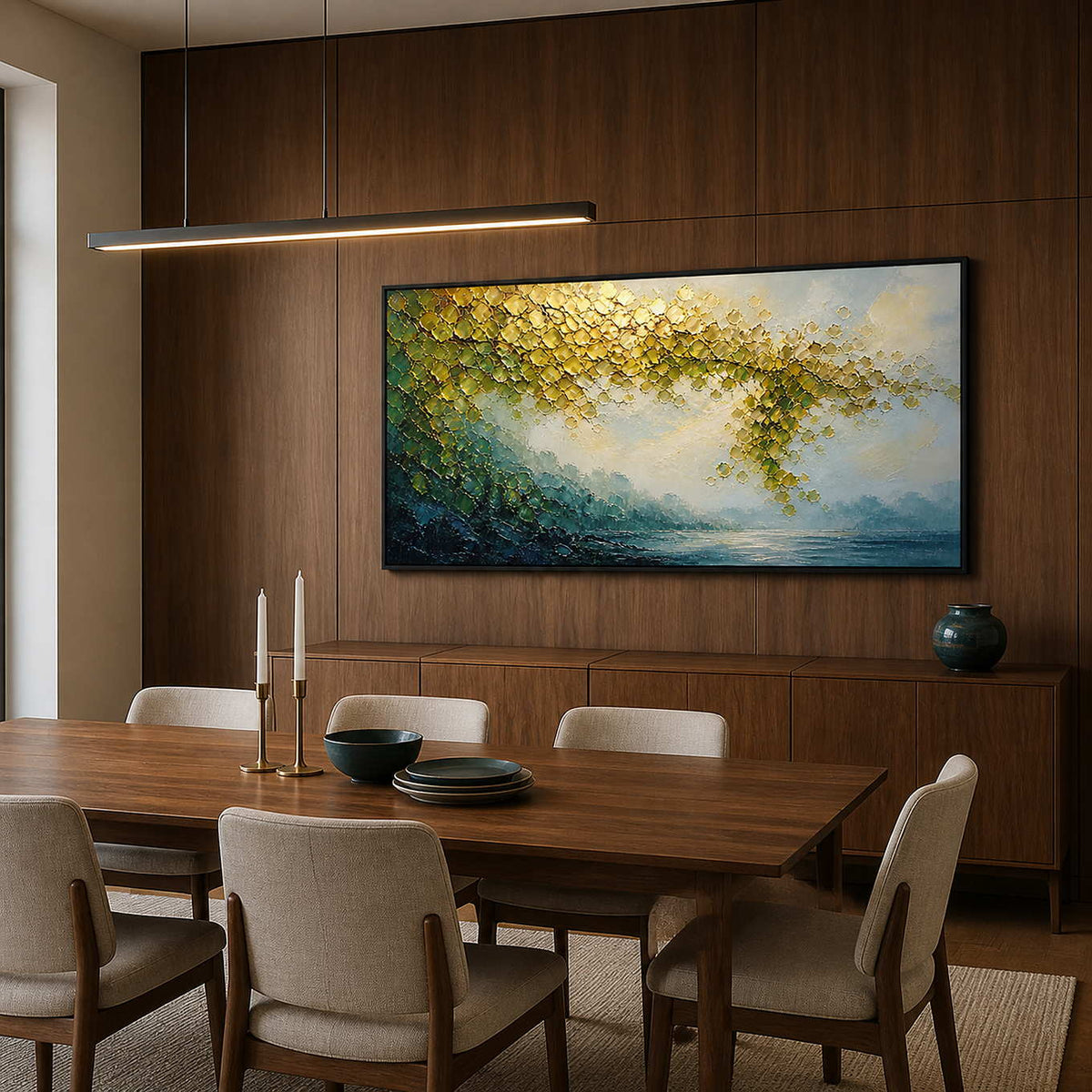 Golden foliage and blue water wall art in a walnut dining room.