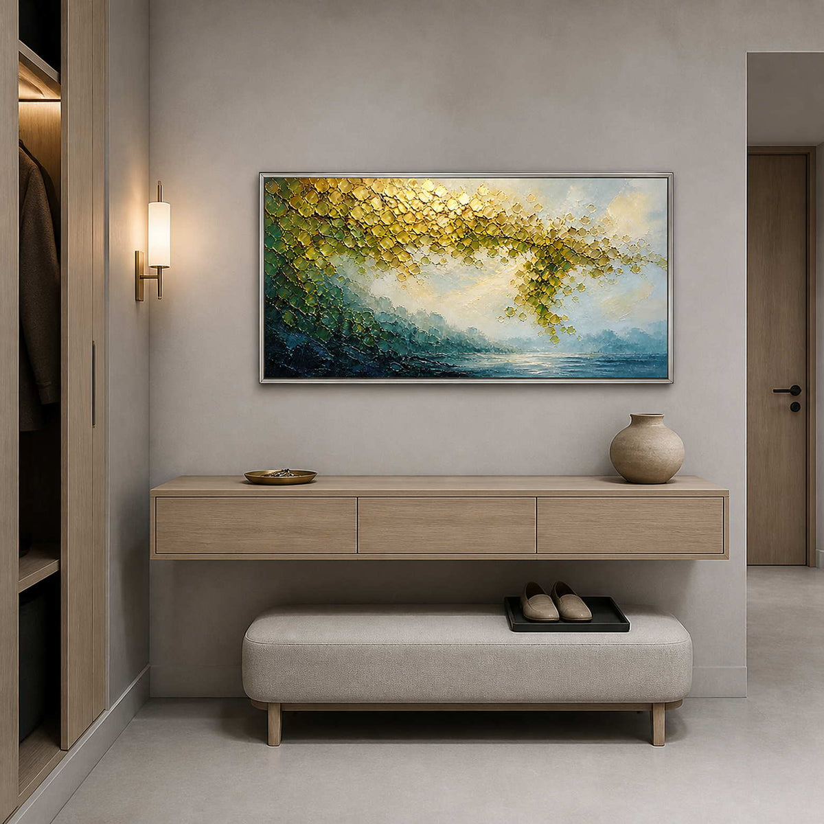 Blue and gold textured artwork displayed in a quiet modern entryway.