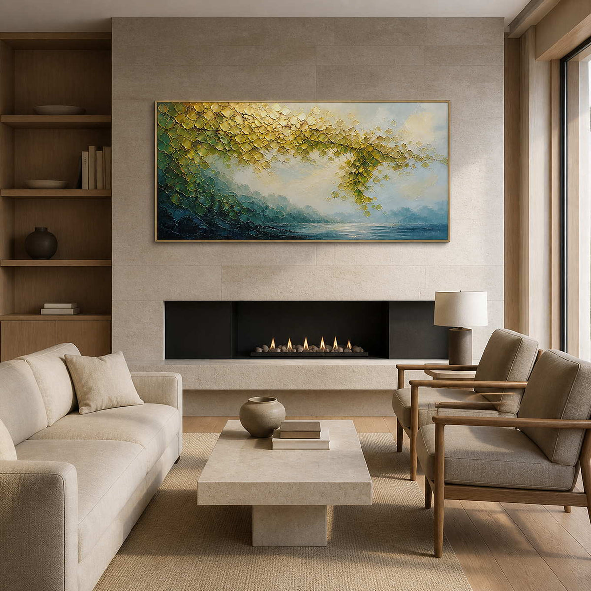 Golden and teal textured landscape wall art above a limestone fireplace.